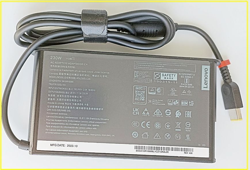 Oplader voor laptop Lenovo Legion Y740-15IRHg (81UH) 20V 11.5A (230W) adapter ADL230NDC3A, 5A10H28357 ,SA10E75804, 00HM626, met gele rechthoekige connector P0005 фото